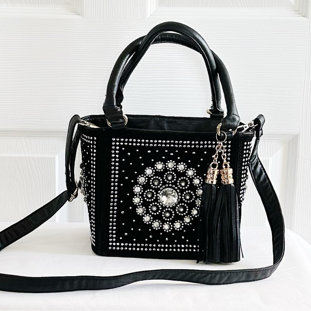 Black Crystal-Embellished Tote Bag with Tassel
